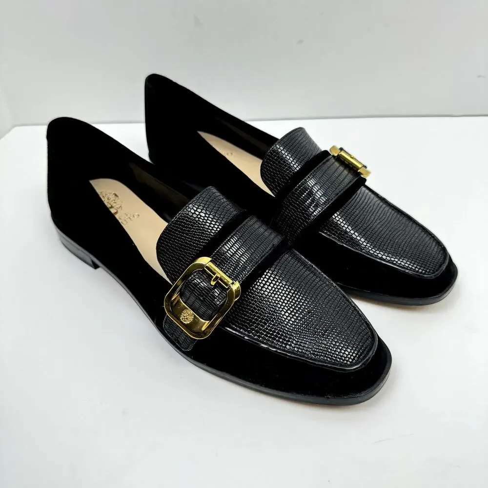 NEW Vince Camuto Cenkanda Black Leather & Suede Gold Buckle Slip On Loafer Flat